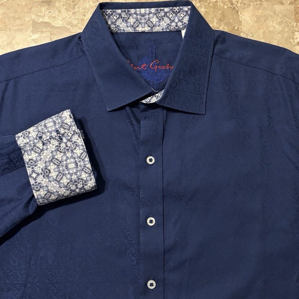 Robert Graham Shirt Mens L Blue Paisley Abstract Long Sleeve Button Flip Cuff